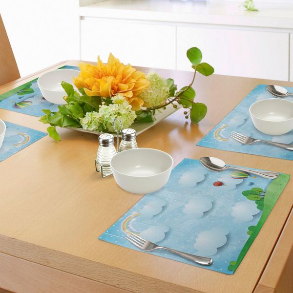 Tovagliette Per Bambini Abakuhaus, Tema Cameretta Bambini-Bambini-Bambine Con Palloncini, Nuvole E Stelle Su Un Disegno Cartoon Di Una Collina, Sottobicchieri In Tessuto Lavabile, Decorazione Da Tavola Con Stampa, Multicolore-image