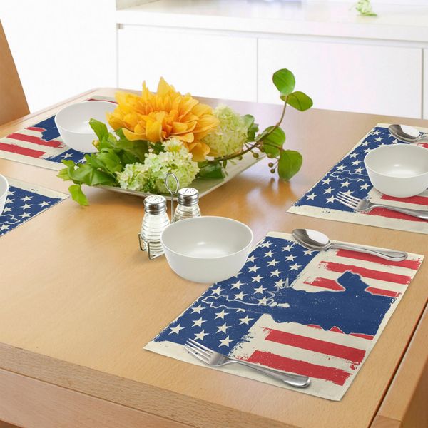 Abakuhaus 4 Luglio Tovagliette, Sagoma Della Statua Della Libertà Con Sfondo Grunge Bandiera Americana, Tiscjdeco In Tessuto Resistente Al Lavaggio Per Sala Da Pranzo E Cucina, Rosso Cinabro Blu Navy Beige-image