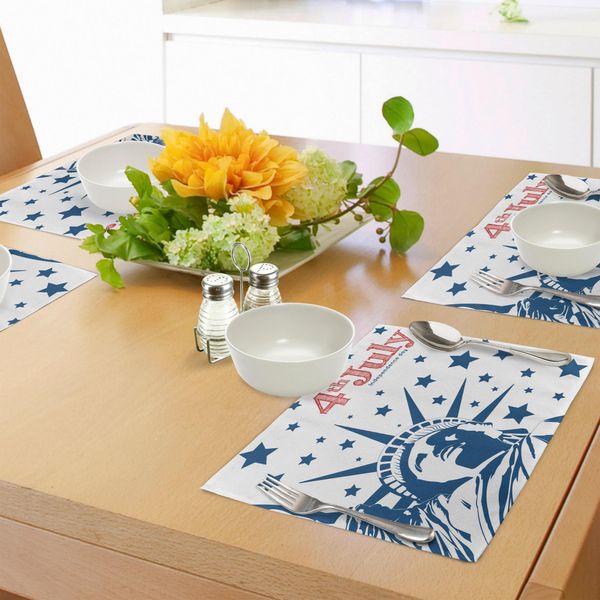 Abakuhaus 4 Luglio Tovagliette, Silhouette Della Statua Della Libertà Con Illustrazione Dell'indipendenza, Tiscjdeco In Tessuto Resistente Al Lavaggio Per La Sala Da Pranzo E La Cucina, Blu Navy, Bianco E Rosso-image