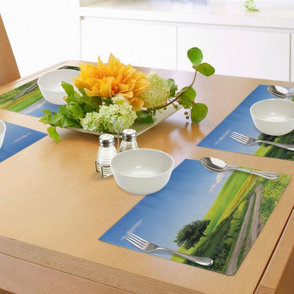 Tovagliette Abakuhaus Natur, Paesaggio Rurale Con Campo Di Fiori, Alberi E Paesaggio Idilliaco, Tiscjdeco In Tessuto Resistente Al Colore Per La Sala Da Pranzo E La Cucina, Verde Mela E Azzurro.-image