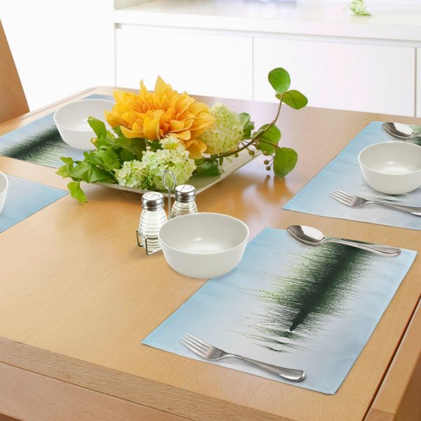 Tovagliette Abakuhaus Natur, Tramonto Primaverile Che Si Riflette Sul Lago Con Immagini Di Foglie, Germogli, Fiori E Rocce, Tiscjdeco In Tessuto Resistente Ai Colori Per La Sala Da Pranzo E La Cucina, Verde E Blu-image