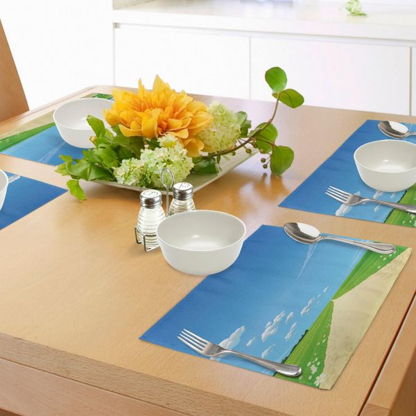 Tovagliette Abakuhaus Natur, Sfondo Con Immagini Di Strade E Cieli Aperti, Nuvole E Margherite, Decorazioni Da Tavola In Tessuto Resistente Al Lavaggio Per La Sala Da Pranzo E La Cucina, Azzurro, Crema, Verde-image