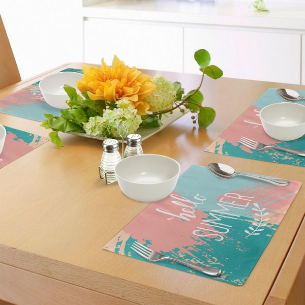 Abakuhaus Tovagliette Con Citazione, Scritta "Ciao Estate"" Immagine Con Splash Colorato Come Sfondo Stampa Artistica, Tiscjdeco In Tessuto Resistente Al Colore Per La Sala Da Pranzo E La Cucina, Multicolore"-image