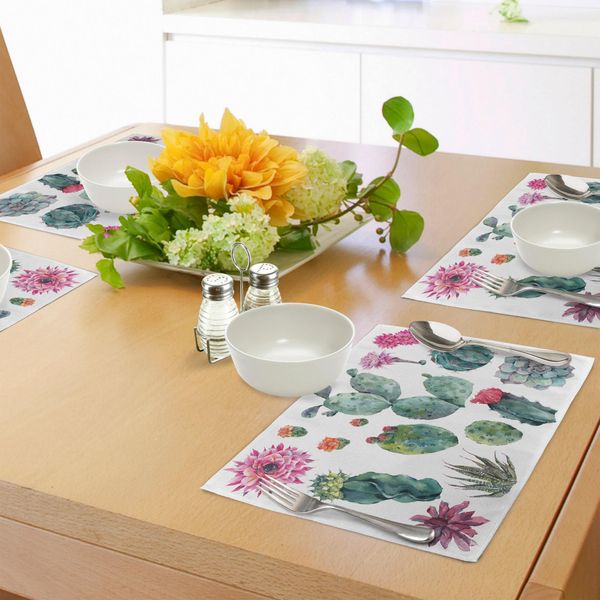 Tovagliette Abakuhaus Natur, Stile Botanico Desertico Con Caricature Di Erbe Aromatiche, Cactus E Fiori Spinosi, Decorazioni Da Tavola In Tessuto Resistente Al Lavaggio Per La Sala Da Pranzo E La Cucina, Verde E Rosa-image