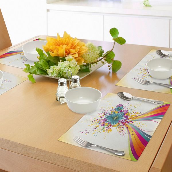 Abakuhaus Tovagliette Moderne, Immagine Dai Colori Dell'arcobaleno Con Linee Audaci E Fiori Che Sbocciano, Stampa Grafica Con Edera, Decorazione Da Tavola In Tessuto Resistente Ai Colori Per La Sala Da Pranzo E La Cucina, Multicolore-image