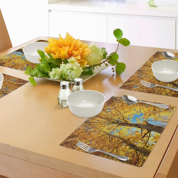 Tovagliette Abakuhaus Natur, Autunno - Stagione Autunnale - Alberi - Foglie Di Bosco - Rami - Raggi Di Sole - Foto Artistica, Tiscjdeco In Tessuto Resistente Al Colore Per La Sala Da Pranzo E La Cucina, Marrone Giallo Sabbia Marrone-image