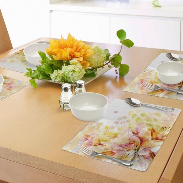 Tovagliette Abakuhaus Shabby Chic, Grafica Colorata Con Gigli, Boccioli Di Fiori E Foglie Dipinti Ad Acquerello, Decorazioni Da Tavola In Tessuto Resistente Al Lavaggio Per La Sala Da Pranzo E La Cucina, Rosa Chiaro, Pesca E Crema.-image