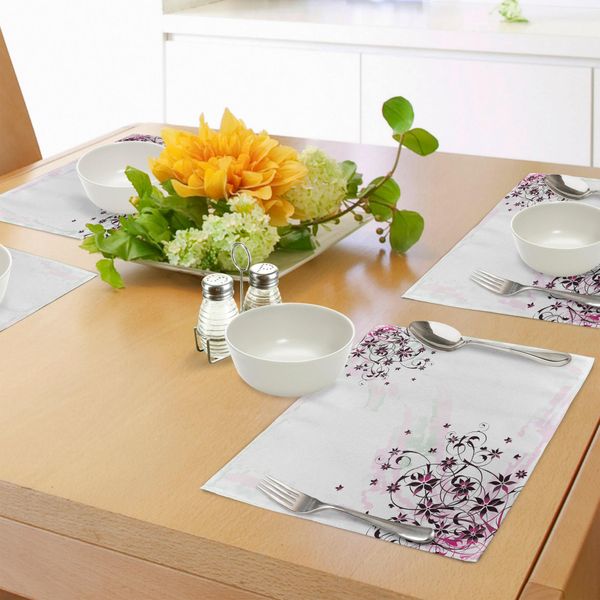 Tovagliette Abakuhaus Con Motivo Floreale, Motivo Floreale Grunge Con Foglie Vorticose Florets Paintbrush Illustration, Tiscjdeco In Tessuto Resistente Al Lavaggio Per La Sala Da Pranzo E La Cucina, Rosa Chiaro E Nero-image