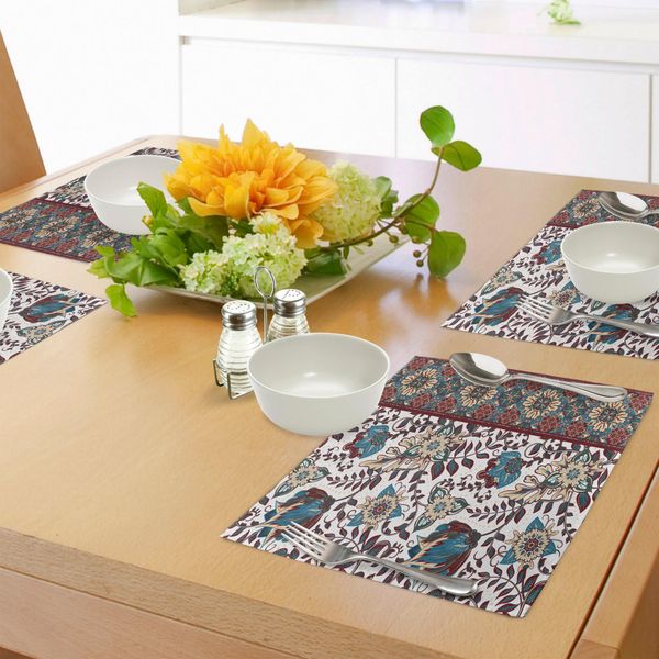 Tovagliette Abakuhaus Con Motivi Arabeschi, Motivi Floreali Ornamentali E Bordi Tradizionali Mediorientali, Tiscjdeco In Tessuto Resistente Ai Colori Per La Sala Da Pranzo E La Cucina, Blu Petrolio E Rosso Bordeaux.-image