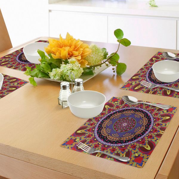 Tovagliette Abakuhaus Mandala, Biglietto D'invito A Nozze In Stile Vintage Con Illustrazione Floreale E Motivo Mandala, Decorazione Da Tavola In Tessuto Resistente Al Lavaggio Per Sala Da Pranzo E Cucina, Marrone Castagna E Rosso-image