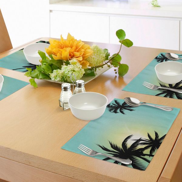 Abakuhaus Tovagliette Moderne, Palme Hawaiane Di Miami Beach Island Con Sole, Immagine Artistica Con Cielo Limpido, Tiscjdeco In Tessuto Resistente Al Colore Per La Sala Da Pranzo E La Cucina, Seafoam Black-image