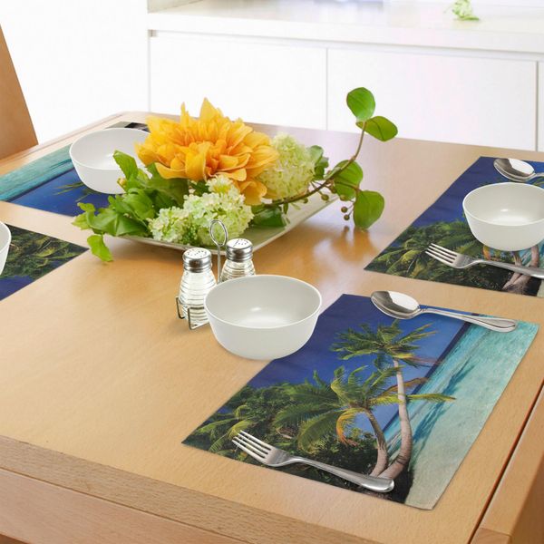 Abakuhaus Tovagliette Paesaggistiche, Sandy Beach Island Tropicale Con Stampa Di Palme Da Cocco Sulla Costa, Tiscjdeco In Tessuto Resistente Al Lavaggio Per La Sala Da Pranzo E La Cucina, Verde Blu Acquamarina-image