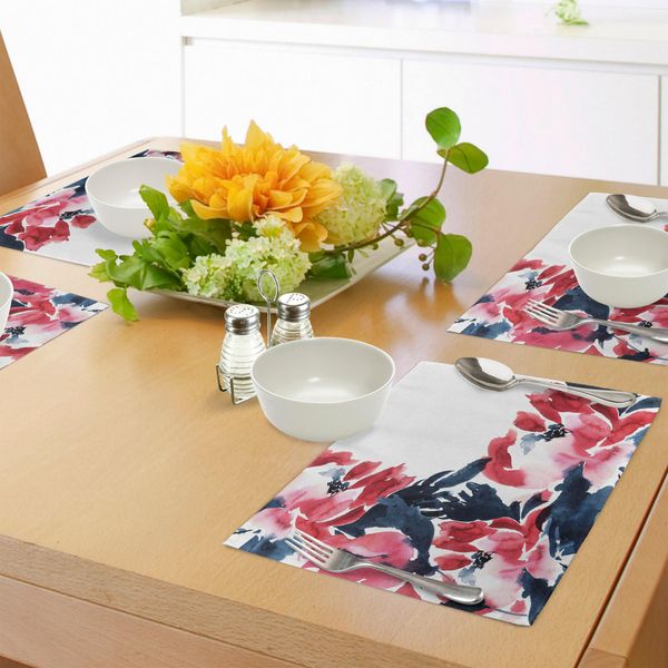 Tovagliette Abakuhaus Con Motivi Floreali, Illustrazione In Stile Acquerello Con Stampa Ispirata Alla Primavera E Alle Peonie, Tessuto Lavabile E Resistente Allo Scolorimento Per Sala Da Pranzo E Cucina, Blu Scuro E Rosso.-image