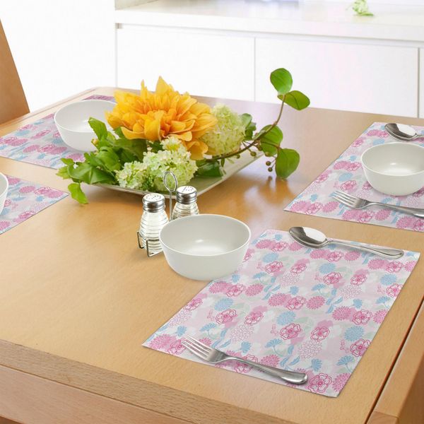 Tovagliette Abakuhaus Con Motivi Floreali, Romantico Motivo Astratto Moderno Con Edera E Boccioli Di Fiori, Decorazione Da Tavola In Tessuto Resistente Al Lavaggio Per Sala Da Pranzo E Cucina, Verde Chiaro, Azzurro, Rosa Confetto-image