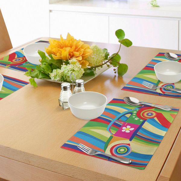 Abakuhaus Tovagliette Moderne, Stile Hippie Retrò Vettoriale, Auto Classica Con Margherite E Audace Stampa Grafica A Strisce, Tiscjdeco In Tessuto Resistente Al Lavaggio Per La Sala Da Pranzo E La Cucina, Multicolore-image