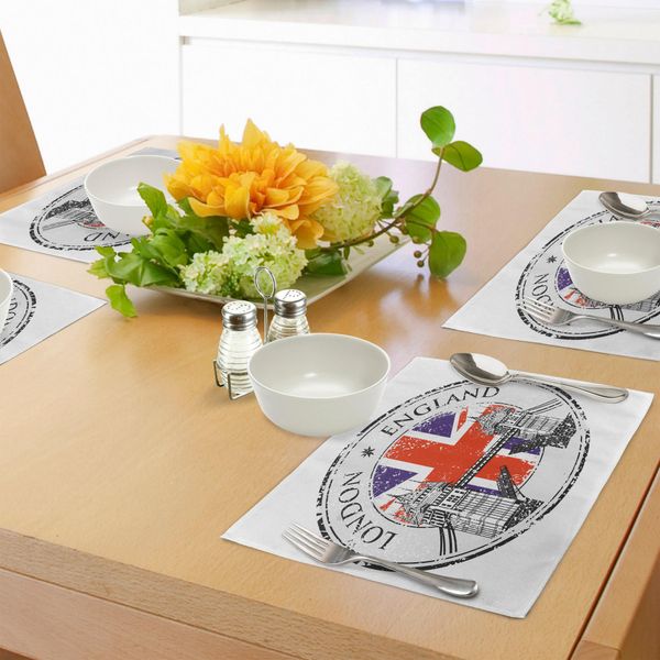 Abakuhaus Tovagliette Britanniche, Londra Inghilterra Timbro Grunge Con Bandiera Nostalgic National Graphic, Tiscjdeco In Tessuto Resistente Al Lavaggio Per La Sala Da Pranzo E La Cucina, Grigio Chiaro Blu Navy Rosso Scarlatto-image
