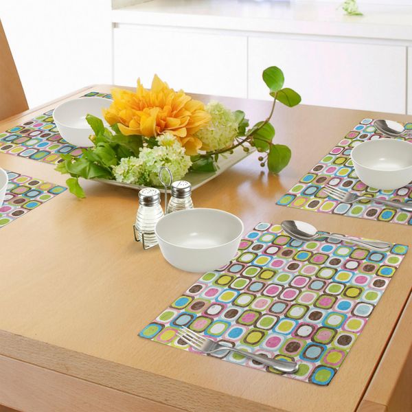Tovagliette Retrò Abakuhaus, Sfondo Grunge Astratto Con Cubi Geometrici E Cerchi Interni Dal Design Grafico Artistico, Decorazioni Da Tavola In Tessuto Resistente Al Lavaggio Per La Sala Da Pranzo E La Cucina, Multicolore-image