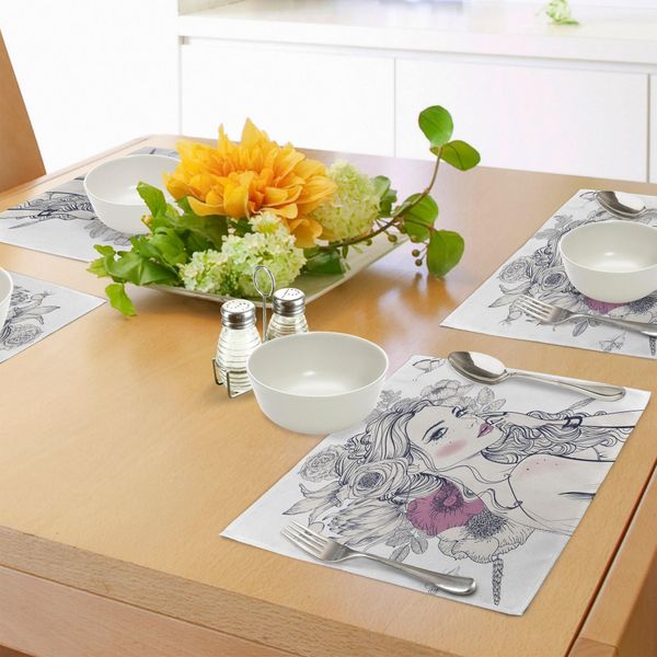 Tovagliette Abakuhaus Con Motivi Floreali, Ritratto Di Una Bella Donna Con Fiori Tra I Capelli E Motivo A Farfalle, Decorazione Da Tavola In Tessuto Resistente Al Lavaggio Per La Sala Da Pranzo E La Cucina, Bianco E Perla-image