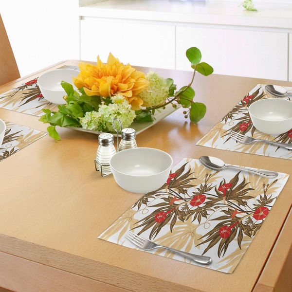 Tovagliette Abakuhaus, Pianta Rampicante Esotica Ivy Flowers Foglie Vintage Blooms Botanica Artwork, Tiscjdeco In Tessuto Resistente Al Lavaggio Per Sala Da Pranzo E Cucina, Marrone Sabbia Marrone Rosso-image