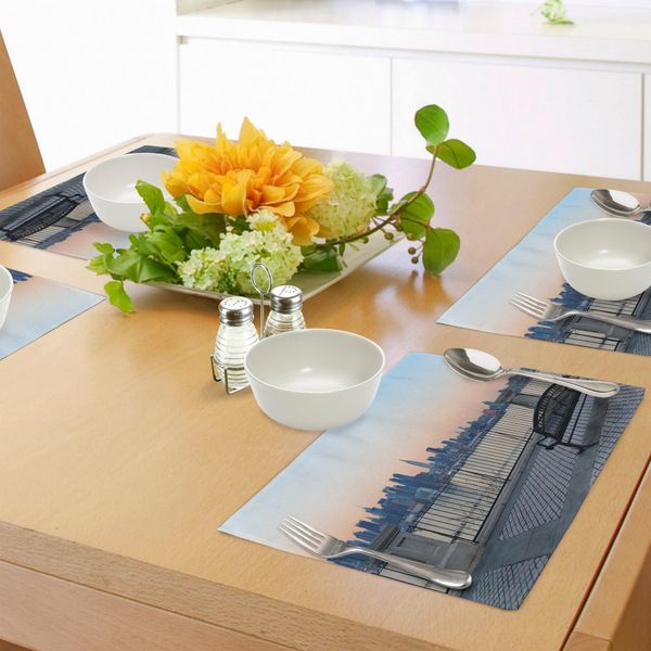 Abakuhaus Tovagliette Paesaggio, Panchina A New York Midtown Manhattan Tramonto Hudson River Skyline Paesaggio Foto, Tiscjdeco In Tessuto Resistente Ai Colori Per La Sala Da Pranzo E La Cucina, Multicolore-image