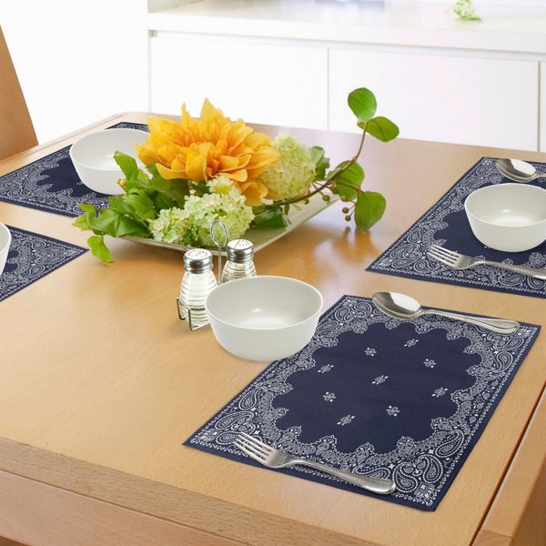 Tovagliette Abakuhaus Paisley, Motivo Etnico Asiatico Con Influenze Arabe Orientali Immagine Artistica, Tiscjdeco In Tessuto Resistente Al Lavaggio Per La Sala Da Pranzo E La Cucina, Blu Scuro E Bianco-image