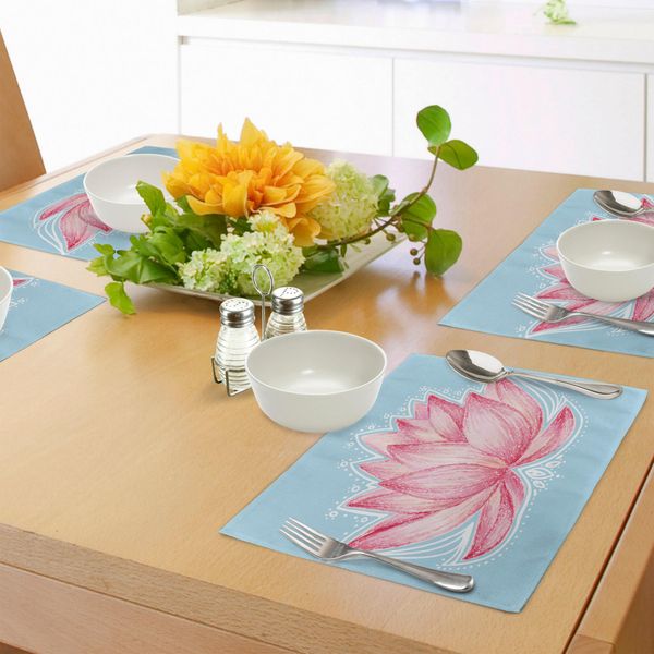 Tovagliette Abakuhaus Lotus, Illustrazione A Tema Giardinaggio Con Motivo Floreale A Forma Di Loto, Design Botanico, Decorazione Da Tavola In Tessuto Resistente Al Lavaggio Per Sala Da Pranzo E Cucina, Azzurro E Rosa.-image