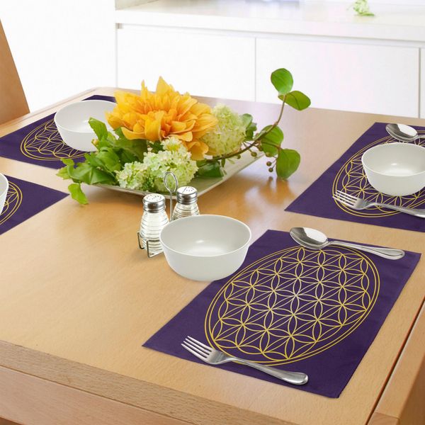 Abakuhaus Tovagliette Astratte, Forma Geometrica Curva E Circolare Con Cerchi Sovrapposti, Immagine Artistica Sacra, Tiscjdeco In Tessuto Resistente Al Colore Per La Sala Da Pranzo E La Cucina, Marrone, Giallo, Viola Scuro-image