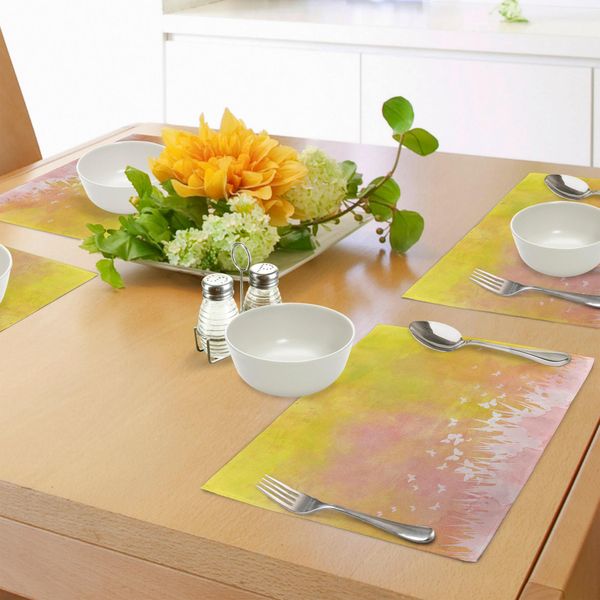 Tovagliette Abakuhaus Acquerellate, Prato Primaverile Con Silhouette Di Fiori, Erba E Farfalle, Decorazioni Da Tavola In Tessuto Resistente Al Lavaggio Per La Sala Da Pranzo E La Cucina, Marrone, Giallo, Rosa Chiaro-image