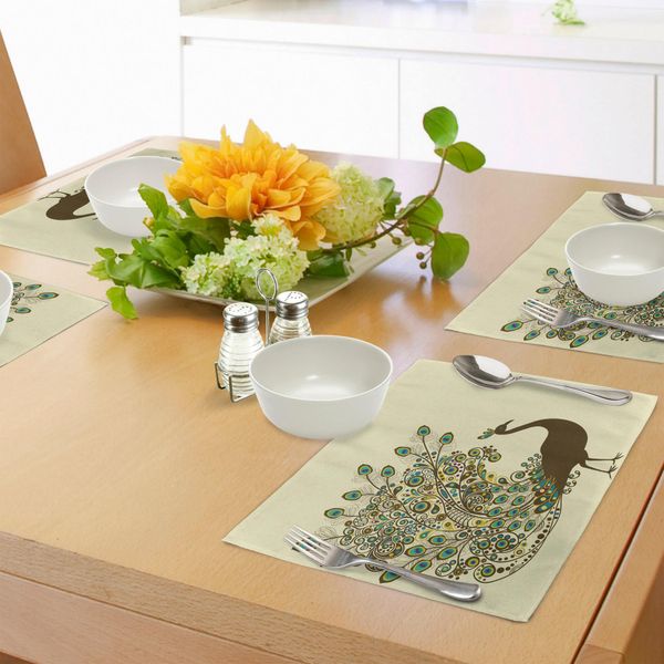 Tovagliette Abakuhaus Con Motivo Pavone, Profilo Dettagliato Dell'uccello Pavone Con Ali Aperte Su Sfondo Beige, Immagine Grafica Esotica, Tiscjdeco In Tessuto Resistente Ai Colori Per La Sala Da Pranzo E La Cucina, Multicolore-image