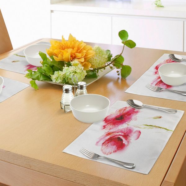 Tovagliette Abakuhaus Con Motivi Floreali, Piccoli Papaveri Rossi Primaverili-Estivi Con Grafica Floreale, Decorazioni Da Tavola In Tessuto Resistente Al Lavaggio Per La Sala Da Pranzo E La Cucina, Rosa Chiaro E Bianco-image