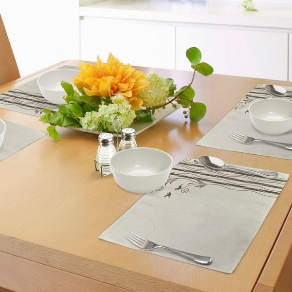 Tovagliette Abakuhaus Natur, Rami Astratti Ondulati E Intrecciati Con Foglie E Piccola Illustrazione Di Uccellino, Tiscjdeco In Tessuto Resistente Al Lavaggio Per La Sala Da Pranzo E La Cucina, Grigio Bianco Marrone-image