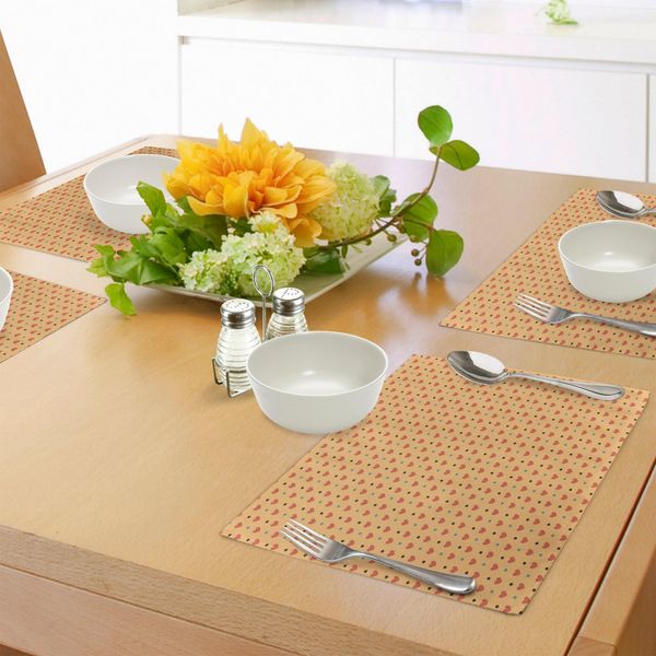 Abakuhaus Tovagliette Romantiche, Ispirate A San Valentino, Con Cuori E Pois Retrò, Tiscjdeco In Tessuto Resistente Al Lavaggio Per La Sala Da Pranzo E La Cucina, Arancione Chiaro, Rosso Corallo, Blu-image