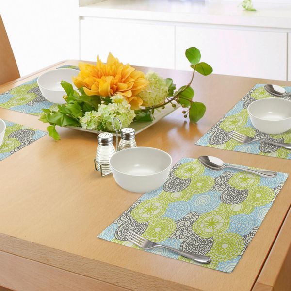 Tovagliette Abakuhaus Con Motivi Floreali, Fiori Color Pastello Con Effetti Etnici In Stile Folk, Stampa Naturale, Tiscjdeco In Tessuto Resistente Al Lavaggio Per La Sala Da Pranzo E La Cucina, Verde Mela, Grigio, Acquamarina-image