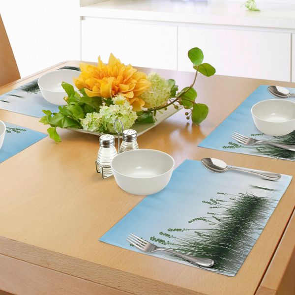Abakuhaus Tovagliette Paesaggio, Paesaggio Con Lago, Cespugli Ed Erba Con Stampa Floreale Riflettente, Tiscjdeco In Tessuto Resistente Al Lavaggio Per Sala Da Pranzo E Cucina, Verde Giada Azzurro-image