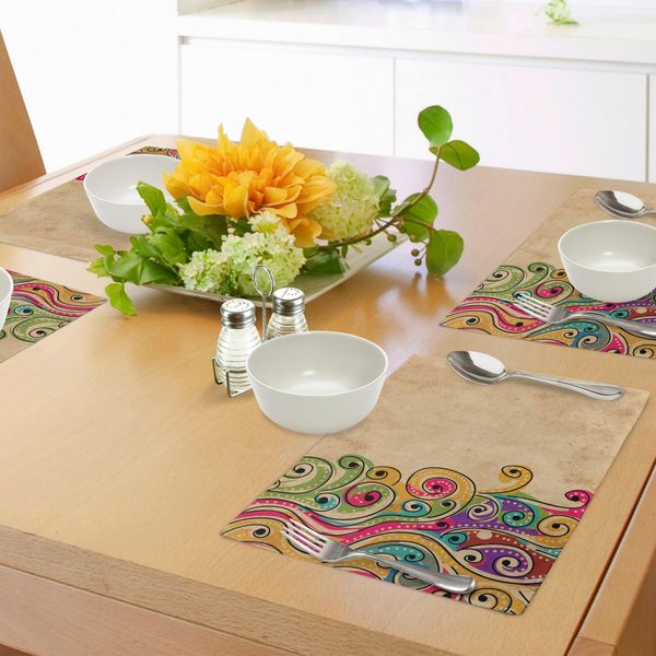 Tovagliette Abakuhaus, Motivo Tradizionale Africano Disegnato A Mano Con Forme Colorate E Sinuose, Tiscjdeco In Tessuto Resistente Ai Colori Per La Sala Da Pranzo E La Cucina, Multicolore-image