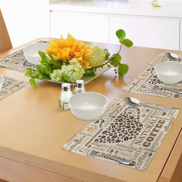 Abakuhaus Tovagliette Moderne, Latte Cappuccino Affogato Natural Con Immagine Di Chicchi Di Caffè A Forma Di Tazza, Tiscjdeco In Tessuto Resistente Al Lavaggio Per La Sala Da Pranzo E La Cucina, Marrone Caramello E Crema-image