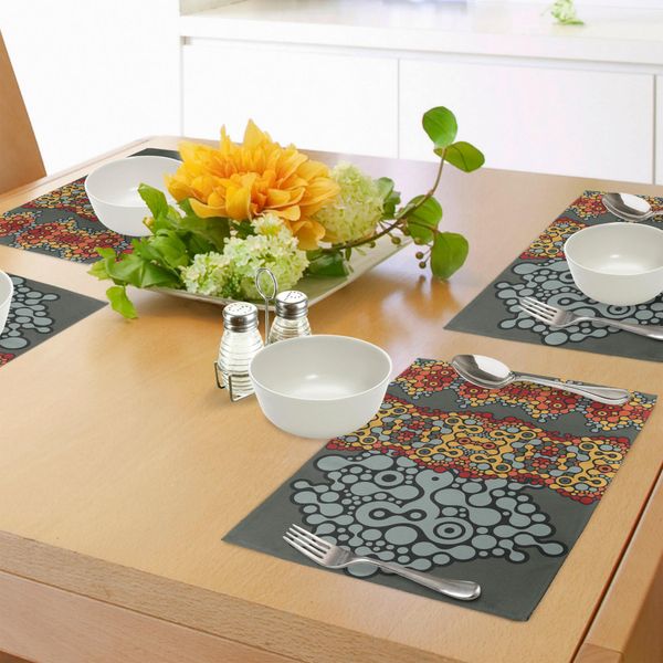 Abakuhaus Tovagliette Moderne, Design Blu E Grigio Con Motivi Geometrici Circolari Sul Bordo, Tiscjdeco In Tessuto Resistente Ai Colori Per La Sala Da Pranzo E La Cucina, Calendula Arancione E Giallo-image