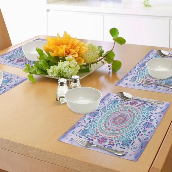 Tovagliette Abakuhaus Mandala, Motivo Medaglione Con Fiori E Foglie, Stampe In Stile Boho Hippie, Decorazioni Da Tavola In Tessuto Resistente Al Lavaggio Per La Sala Da Pranzo E La Cucina, Turchese, Lilla E Rosa.-image