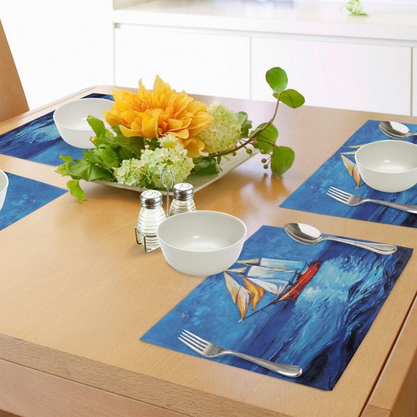 Abakuhaus Tovagliette Nautiche, Stampa Artistica Impressionista Con Veliero Dipinto A Olio Sull'orizzonte, Tiscjdeco In Tessuto Resistente Al Colore Per La Sala Da Pranzo E La Cucina, Blu Navy E Blu-image