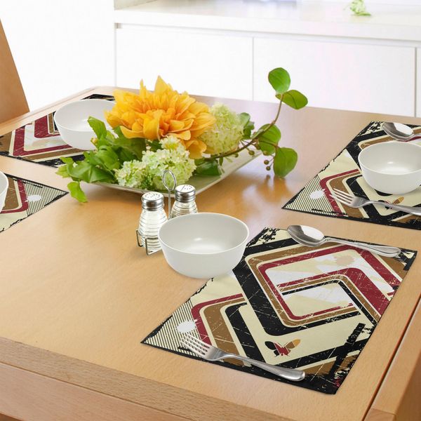 Abakuhaus Tovagliette Astratte, Forme Psichedeliche Con Illustrazioni Retrò Di Farfalle Effetto Sporco, Tiscjdeco In Tessuto Resistente Al Lavaggio Per La Sala Da Pranzo E La Cucina, Giallo Chiaro Caramello Nero Rubino-image