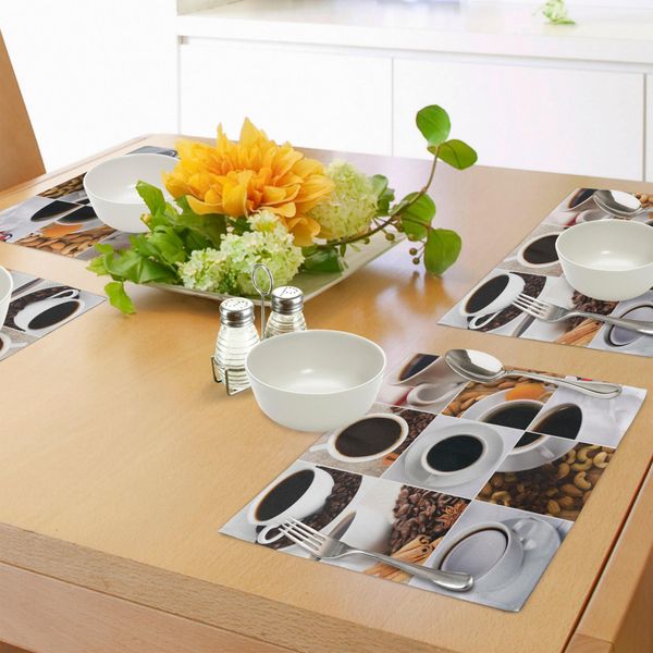 Tovagliette Da Cucina Abakuhaus, Collage Di Tazze Da Caffè Con Mandorle, Anacardi, Cannella - Composizione Moderna, Tovaglietta Decorativa In Tessuto Resistente Al Lavaggio Per Sala Da Pranzo E Cucina, Bianco, Nero, Marrone-image