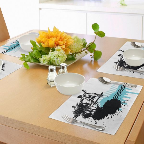 Tovagliette Abakuhaus Grunge, Ragazzo Skater Che Salta, Tema Sportivo Esotico, Illustrazione Motley Skateboarding, Tiscjdeco In Tessuto Resistente Al Colore Per La Sala Da Pranzo E La Cucina, Azzurro E Nero-image