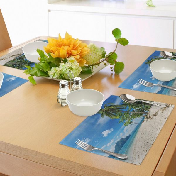 Abakuhaus Tovagliette Paesaggistiche, Isola Botanica Esotica Vicino Alla Costa, Palme, Montagne, Cielo Aperto, Foto, Tiscjdeco In Tessuto Resistente Ai Colori Per La Sala Da Pranzo E La Cucina, Crema, Verde, Blu-image