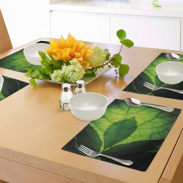 Tovagliette Abakuhaus Verdi, Grande Foglia Di Albero Brasiliano Dell'amazzonia Con Venature E Raggi Di Sole, Tiscjdeco In Tessuto Resistente Al Lavaggio Per La Sala Da Pranzo E La Cucina, Verde Scuro E-image