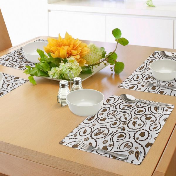 Abakuhaus Tovagliette Romantiche, Motivo A Cuori E Pois Ispirato Al Disegno Paisley Con Simbolo Dell'amore E Immagine Asiatica, Tiscjdeco In Tessuto Resistente Al Lavaggio Per La Sala Da Pranzo E La Cucina, Marrone Scuro E Bianco-image