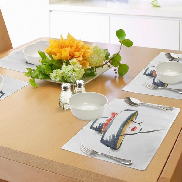 Abakuhaus Tovagliette Moderne, Donna Alla Moda Con Cappello In Stile Vintage E Romantica Stampa Artistica, Tiscjdeco In Tessuto Resistente Al Lavaggio Per La Sala Da Pranzo E La Cucina, Blu Grigio Giallo Rosso-image