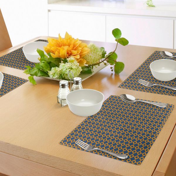 Tovagliette Abakuhaus, Motivo Classico Vintage Con Piccola Maglia A Catena Quadrata, Semplice Piastrella, Tiscjdeco In Tessuto Resistente Al Lavaggio Per La Sala Da Pranzo E La Cucina, Blu Scuro Arancione-image