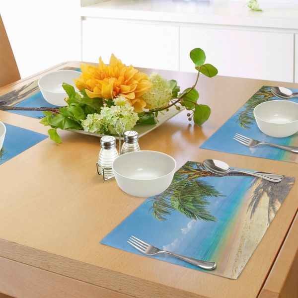 Abakuhaus Tovagliette Paesaggio, Immagine Botanica Tropicale Con Palme Da Cocco Vicino Alla Spiaggia Dell'oceano, Foto, Tiscjdeco In Tessuto Resistente Al Lavaggio Per La Sala Da Pranzo E La Cucina, Azzurro Cielo Crema Verde Acquamarina-image