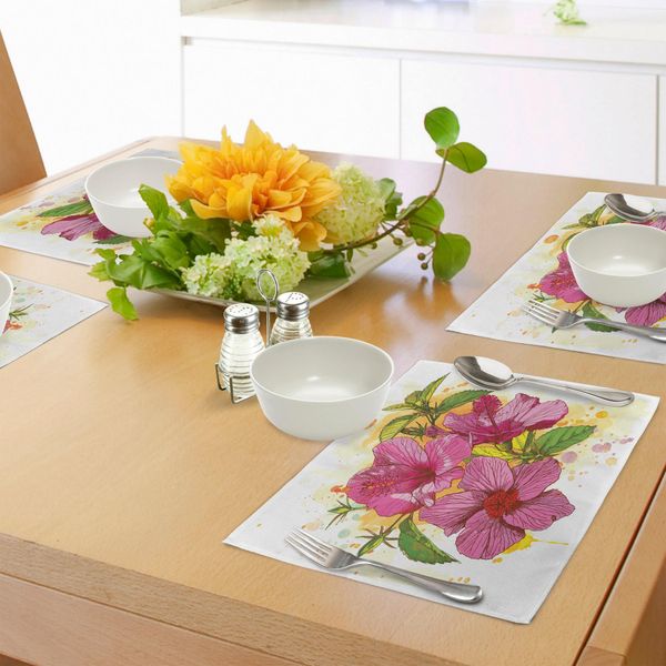 Tovagliette Abakuhaus Con Motivi Floreali, Bouquet Di Fiori Di Ibisco Dai Colori Vivaci, Grafica Acquerellata Esotica, Tovagliette Decorative In Tessuto Resistente Ai Colori Per La Sala Da Pranzo E La Cucina, Marrone, Giallo, Fucsia, Bianco, Verde-image