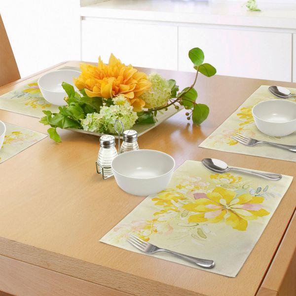 Tovagliette Abakuhaus Land, Romantici Fiori Bianchi E Gialli Con Orchidee Su Sfondo Astratto Stampato, Tiscjdeco In Tessuto Resistente Al Lavaggio Per La Sala Da Pranzo E La Cucina, Multicolore-image